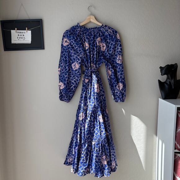 Ulla Johnson Dress Blue Geo Floral Print Bevyn Long Sleeve‎ Midi Dress Size 2 - Picture 7 of 9